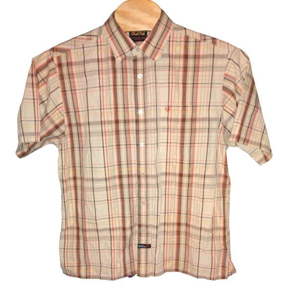 South Pole Button Down Men's Brown and Gold Plaid Short Sleeve Shirt (L) - Picture 1 of 8